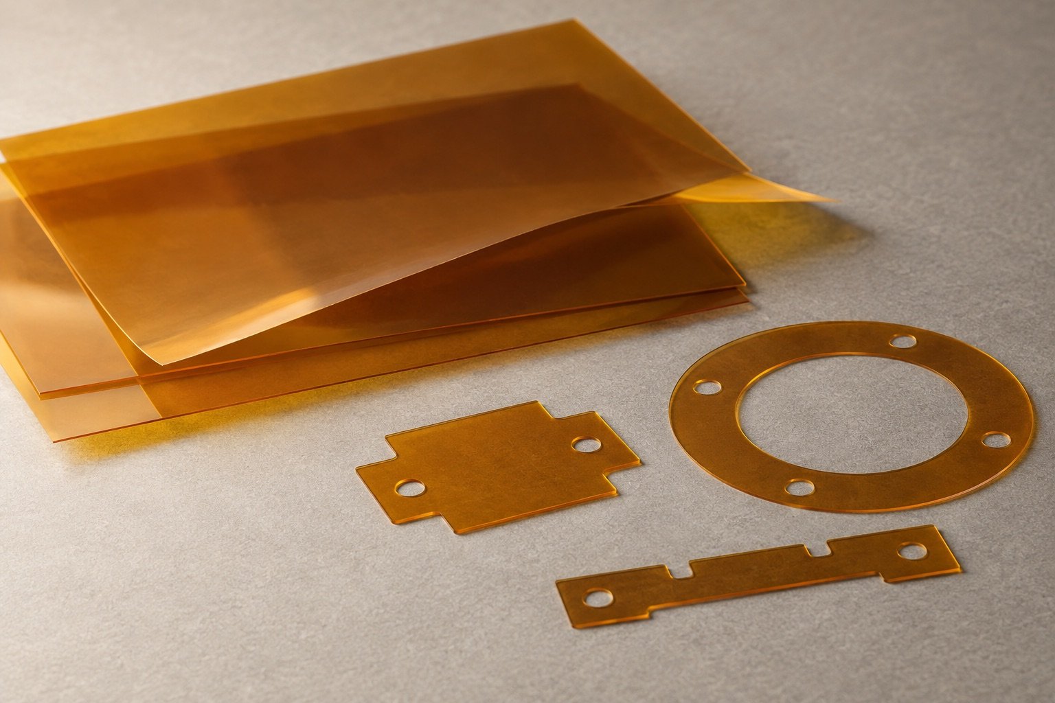 Amber thin insulating film and die-cut profile shapes representing polyimide materials