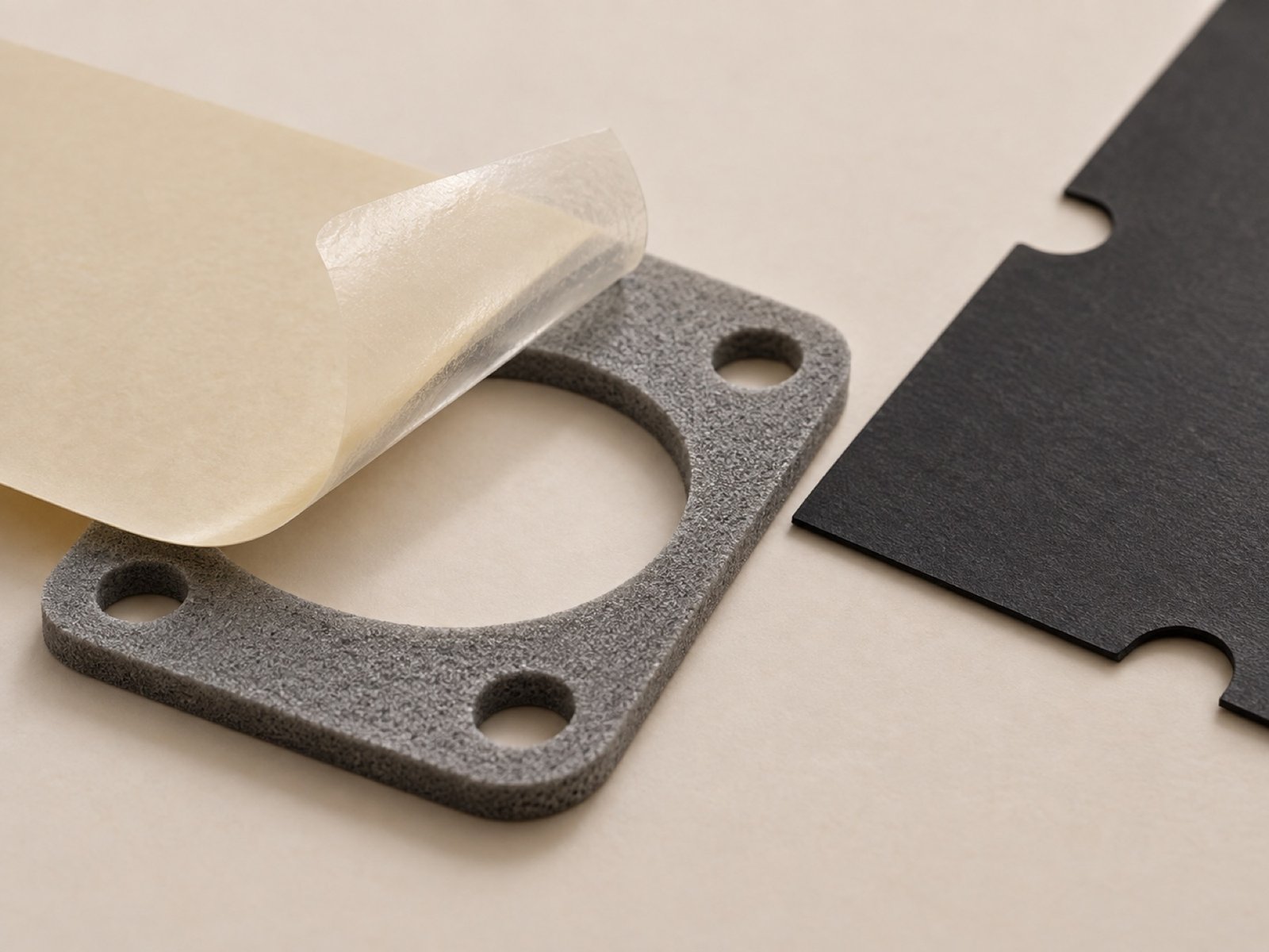 Adhesive film and release liner applied to a die-cut foam component