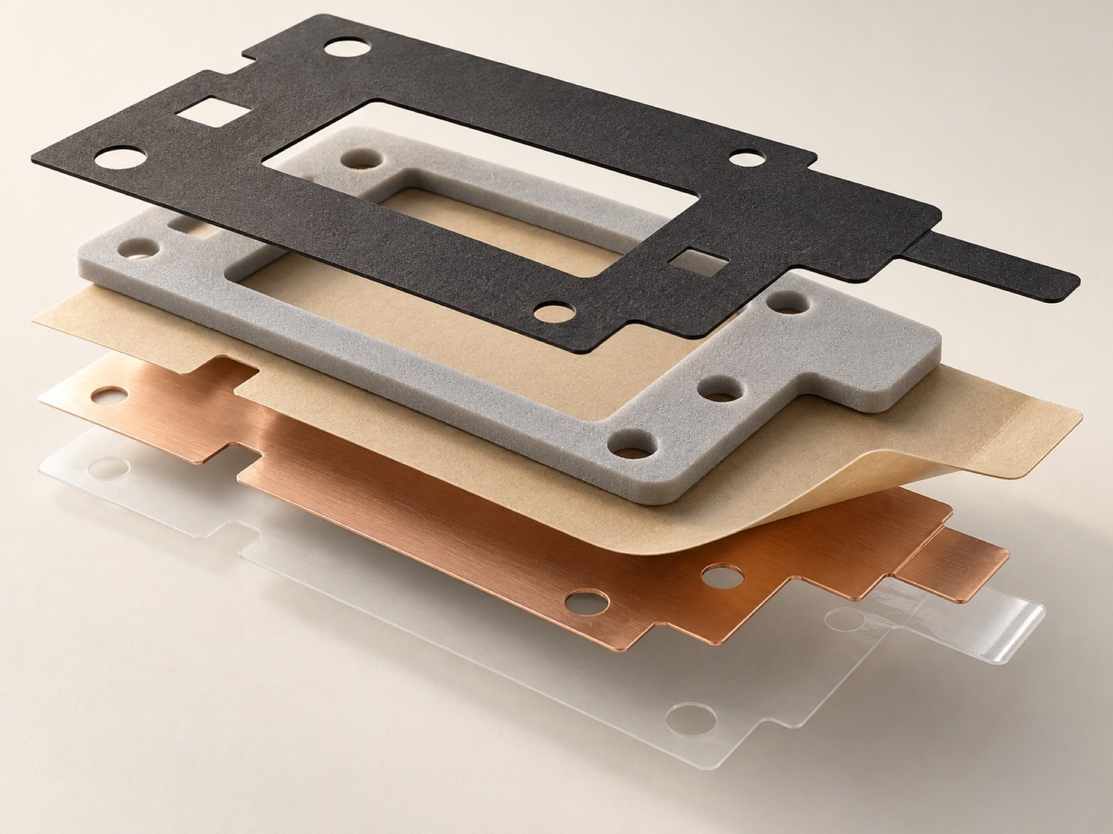 Conceptual stack of foam, film, adhesive and conductive component layers