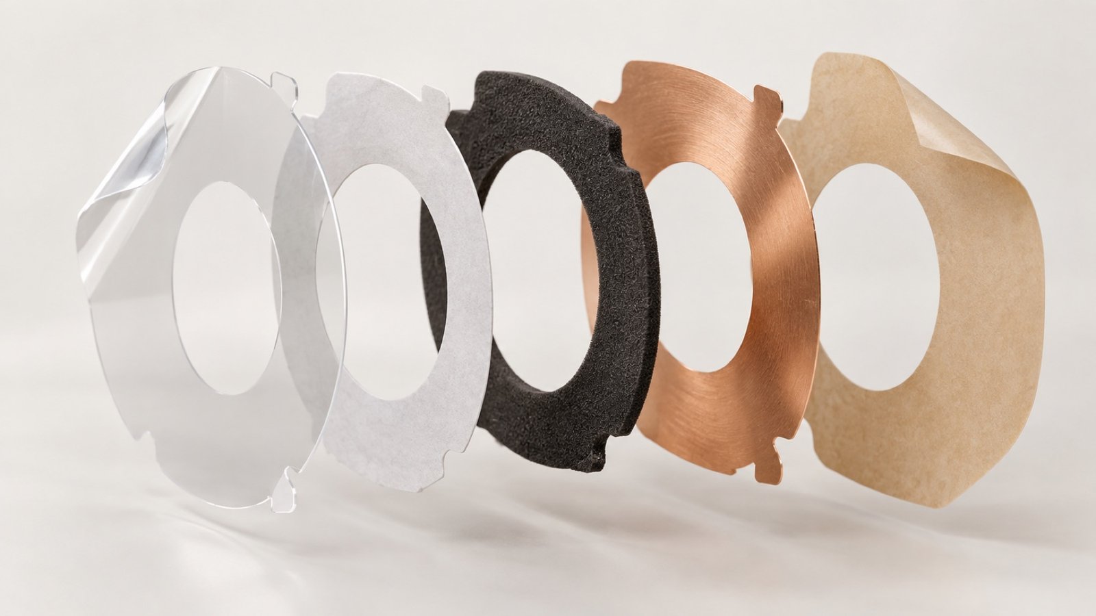 Separated film, foam, shielding and liner layers in a die-cut assembly