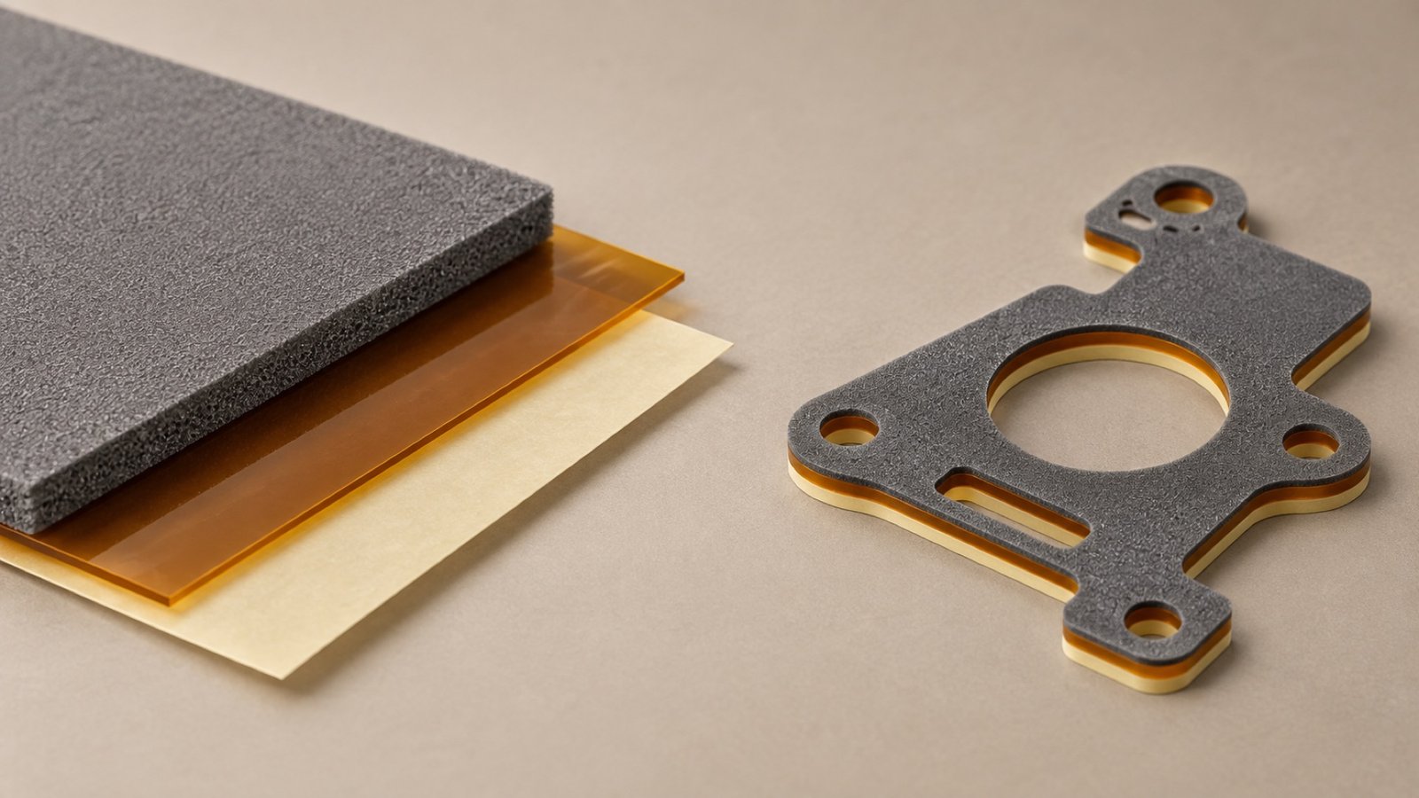 Layered sheet material beside a finished precision die-cut component