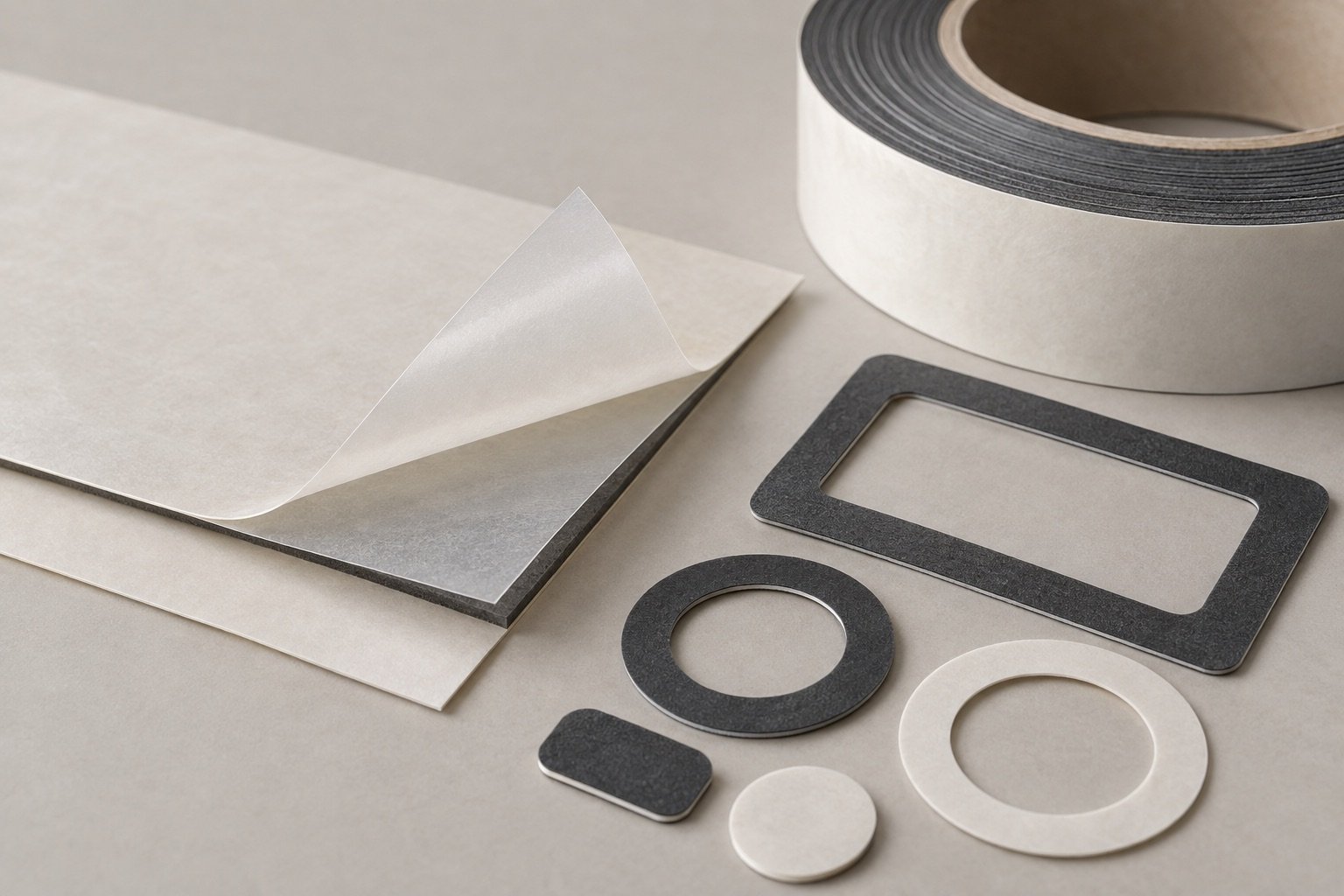 Layered adhesive material and release liner with die-cut adhesive frames
