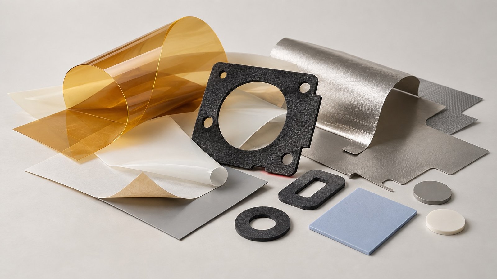 Conceptual arrangement of functional films, foam, shielding and die-cut component shapes