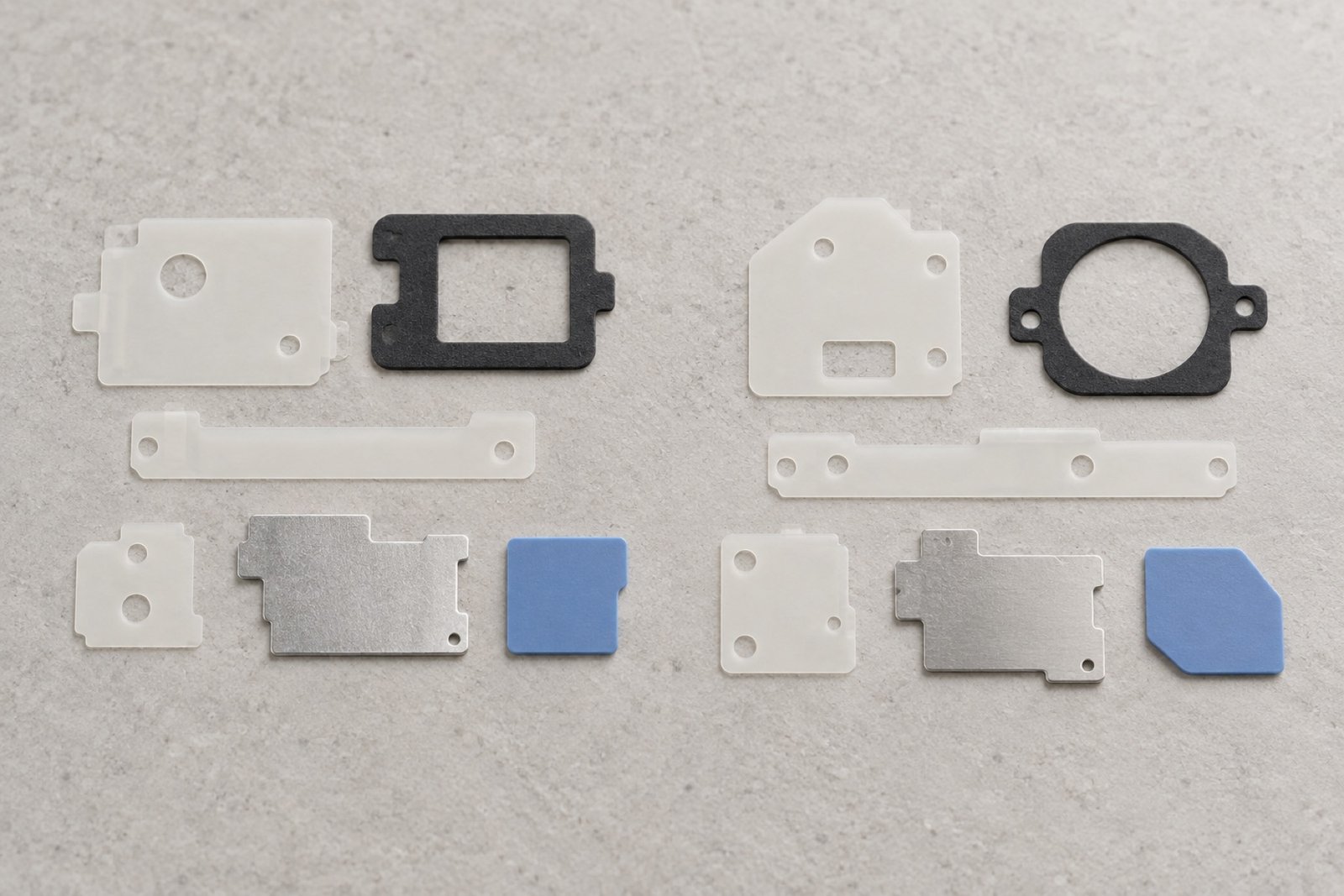 Two sets of sample die-cut functional components with varied geometry