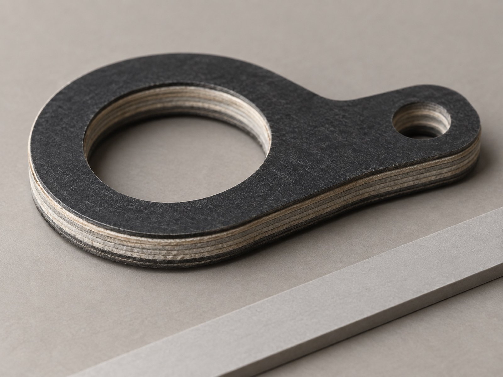 Close-up of a layered die-cut component edge and opening