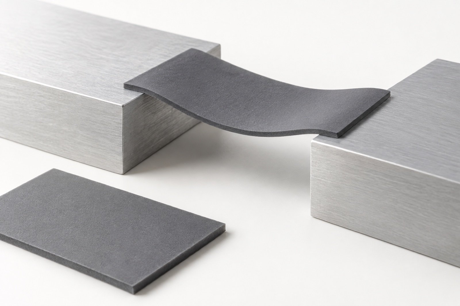 Compliant gray thermal sheet bridging two plain metal surfaces