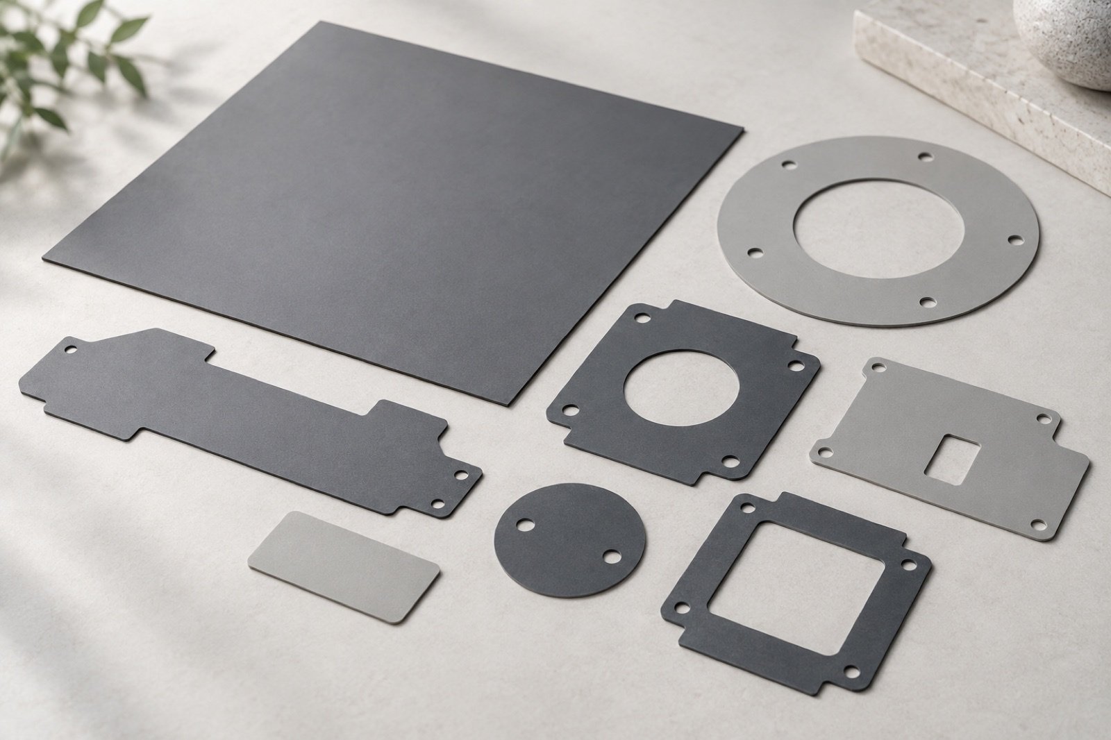 Flat gray thermal sheet material and clean die-cut shapes