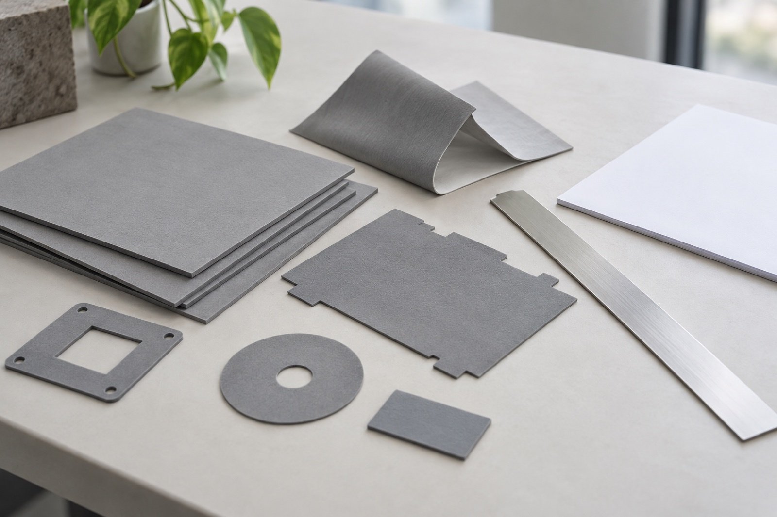 Neutral thermal sheet samples beside an unmarked straightedge and blank paper