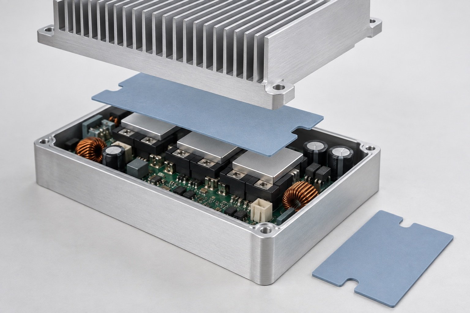 Conceptual power electronics assembly with a blue thermal pad beneath a heat sink.