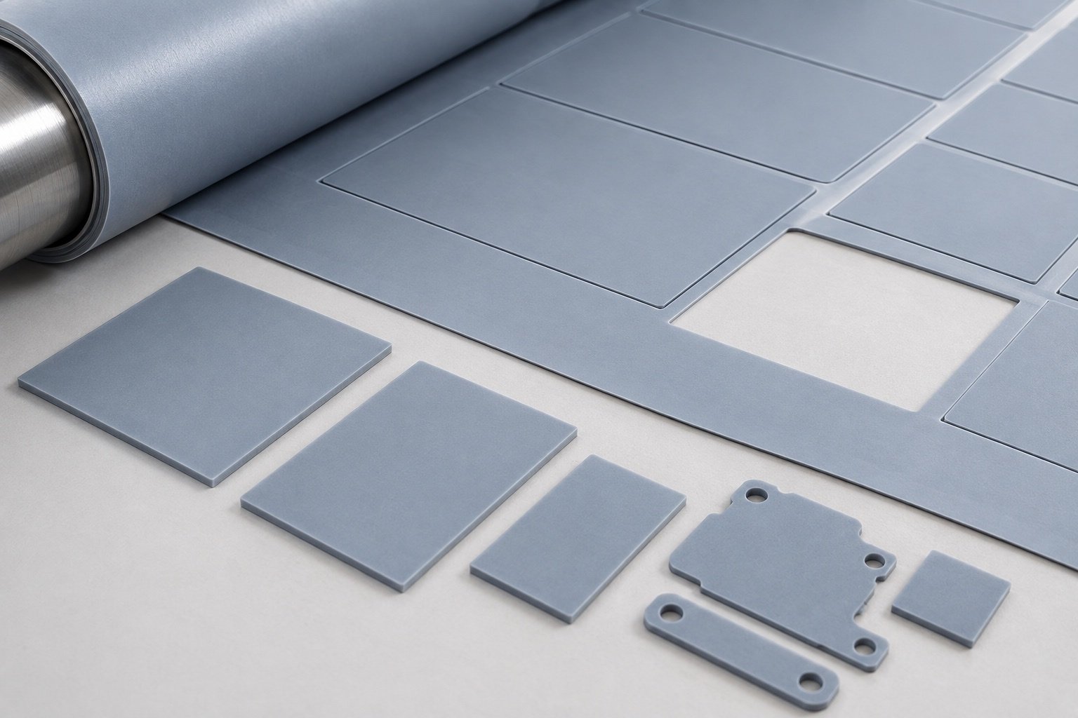 Conceptual blue-gray thermal sheet converting web with die-cut pads.