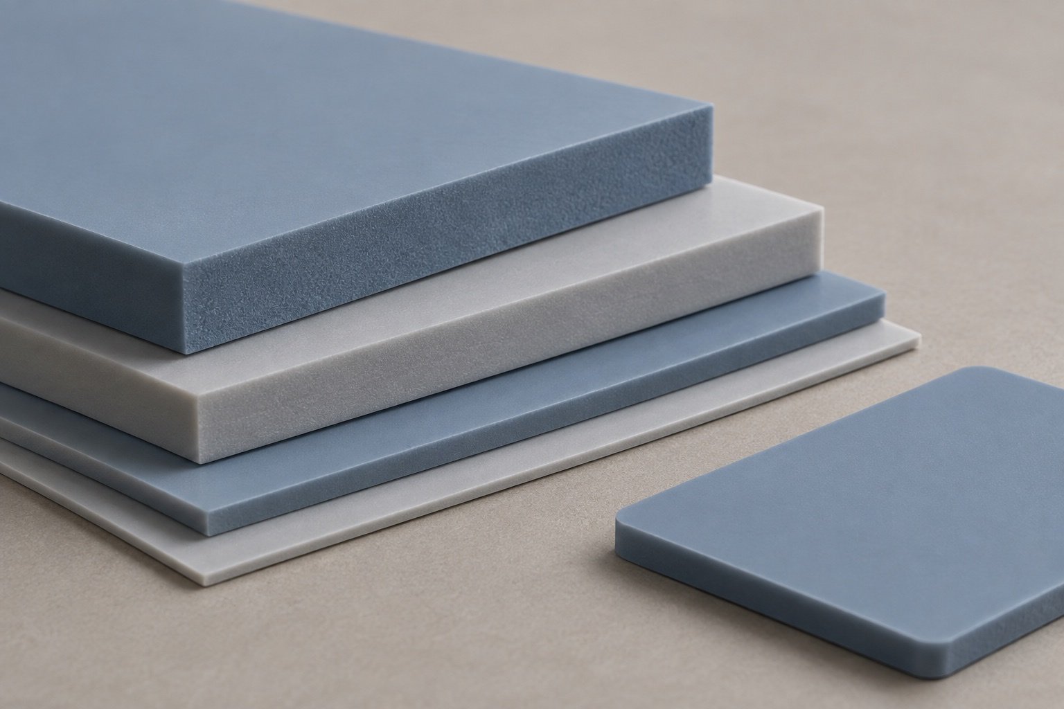 Conceptual layered blue-gray thermal interface sheet and pad surfaces.