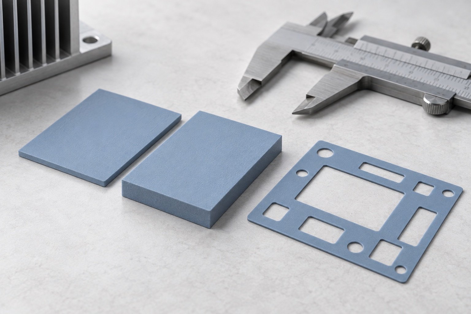 Conceptual thermal gap pads beside a plain caliper for profile review.